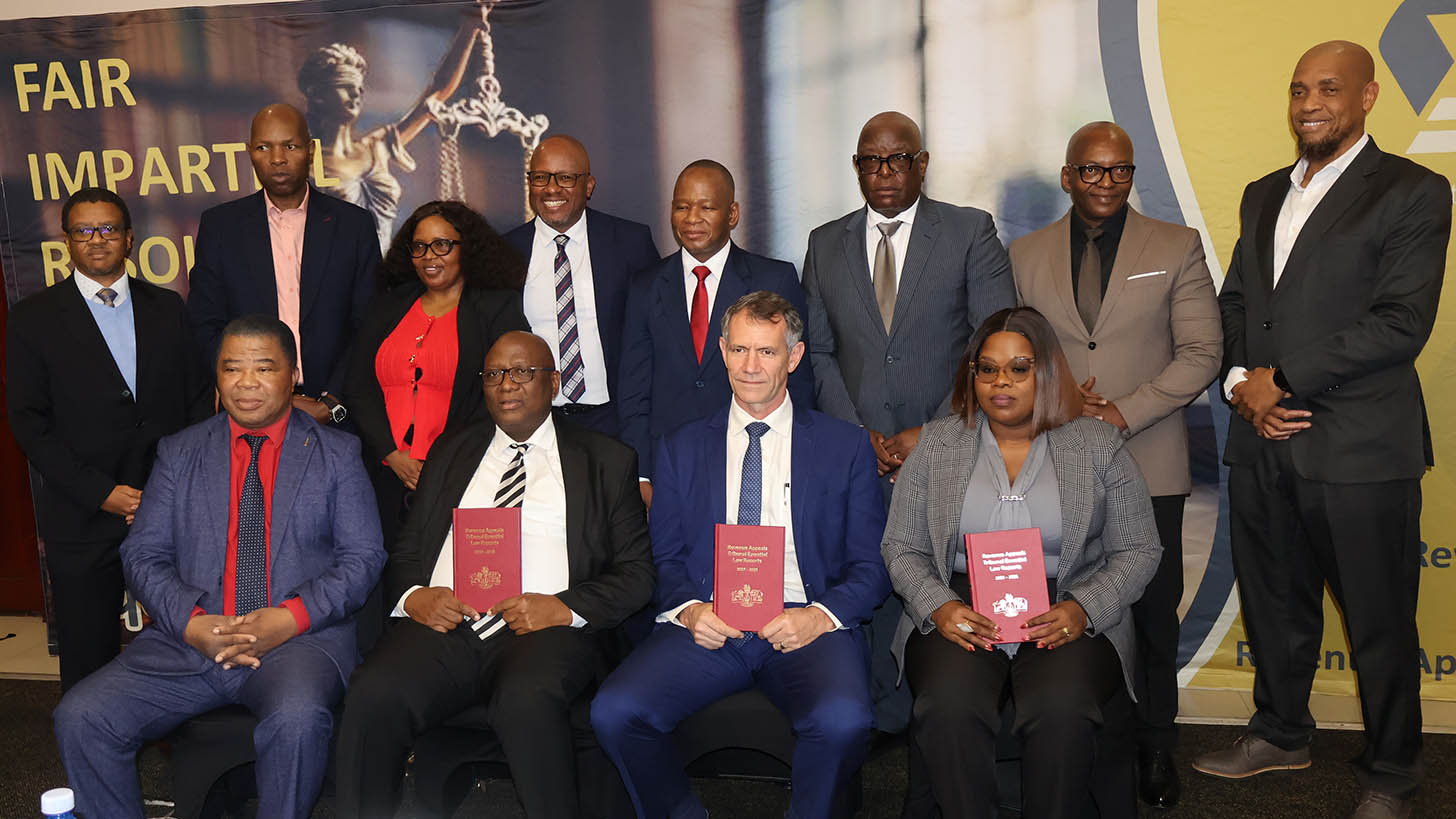 Minister for Finance Neal Rijkenberg with stakeholders in the national revenue administration and litigation, during the launch of the inaugural Revenue Appeals Tribunal Tax Law Reports 2023-5 at the Royal Villas. (Pic: Timothy Simelane)